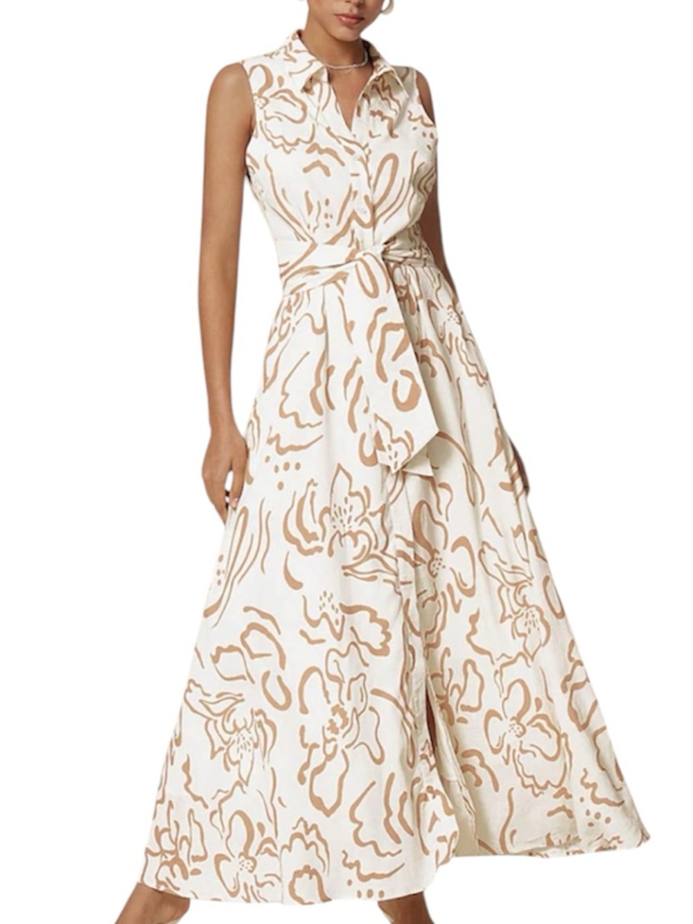 Ador Sleeveless Beige & White Printed Shirt Dress